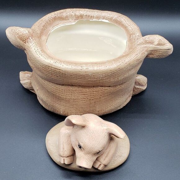 Vintage Hand Painted 9.25" Ceramic Piggy in a Burlap Sack Feed Bag Cookie Jar - Picture 7 of 16